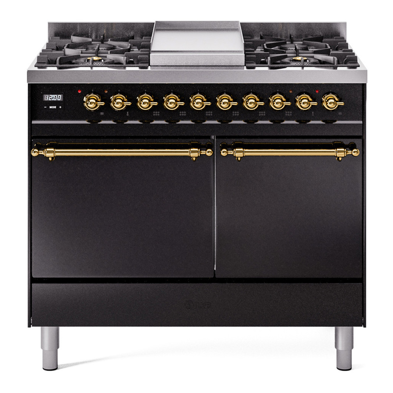 ILVE UPD40FQNMPBKGLP Nostalgie II 40" Dual Fuel Range (Liquid Propane, Solid Door, Glossy Black, Brass)