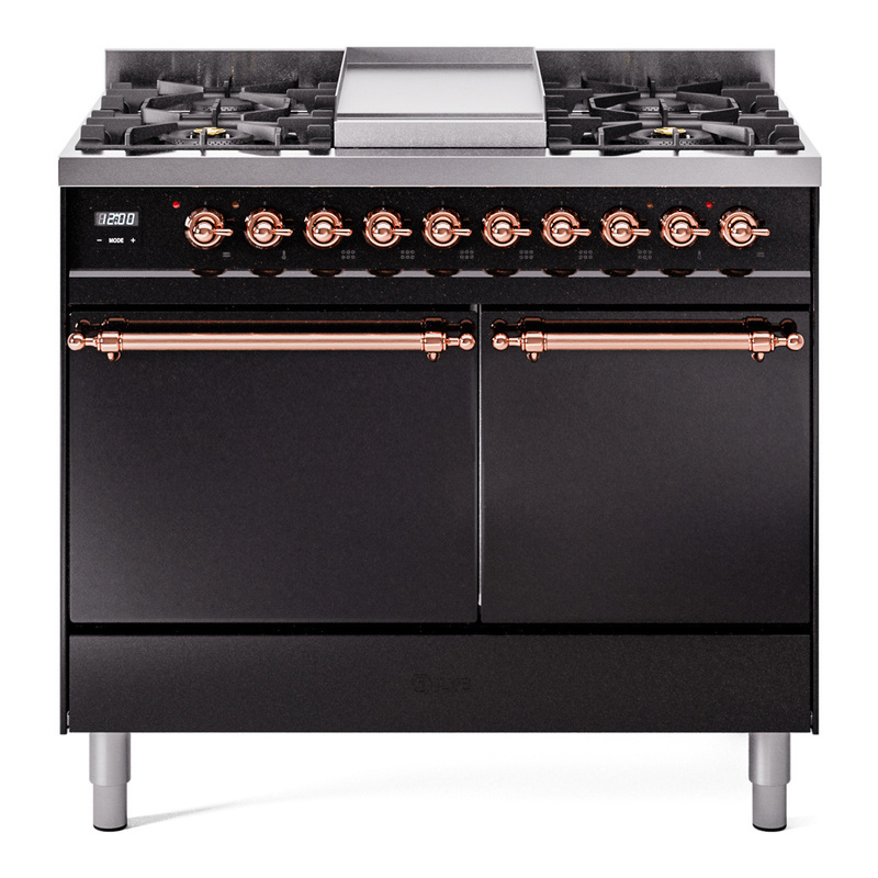 ILVE UPD40FQNMPBKPLP Nostalgie II 40" Dual Fuel Range (Liquid Propane, Solid Door, Glossy Black, Copper)