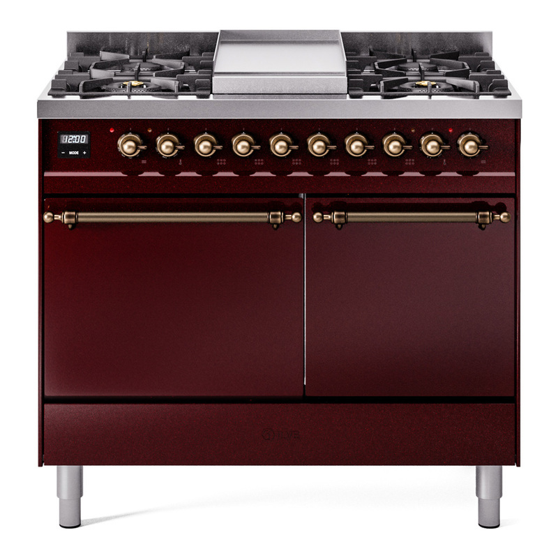 ILVE UPD40FQNMPBUBLP Nostalgie II 40" Dual Fuel Range (Liquid Propane, Solid Door, Burgundy, Bronze)