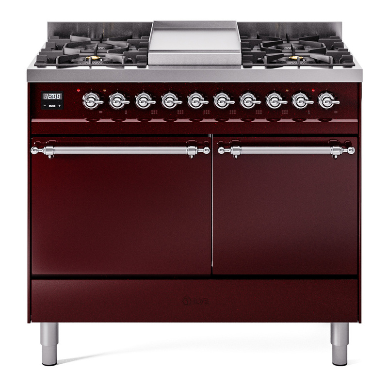 ILVE UPD40FQNMPBUCLP Nostalgie II 40" Dual Fuel Range (Liquid Propane, Solid Door, Burgundy, Chrome)