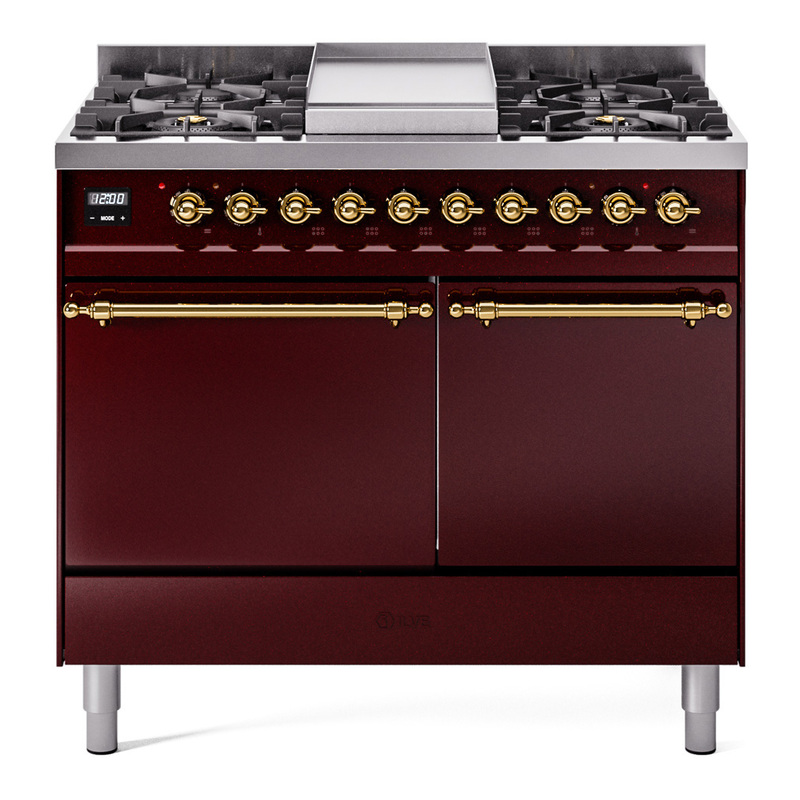 ILVE UPD40FQNMPBUGLP Nostalgie II 40" Dual Fuel Range (Liquid Propane, Solid Door, Burgundy, Brass)