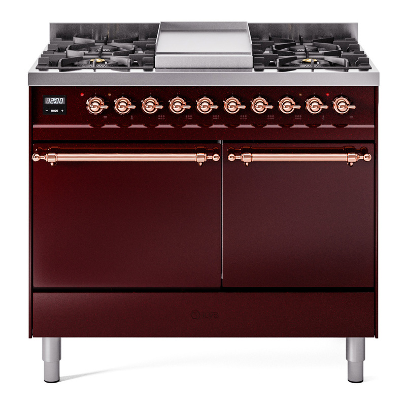 ILVE UPD40FQNMPBUPLP Nostalgie II 40" Dual Fuel Range (Liquid Propane, Solid Door, Burgundy, Copper)