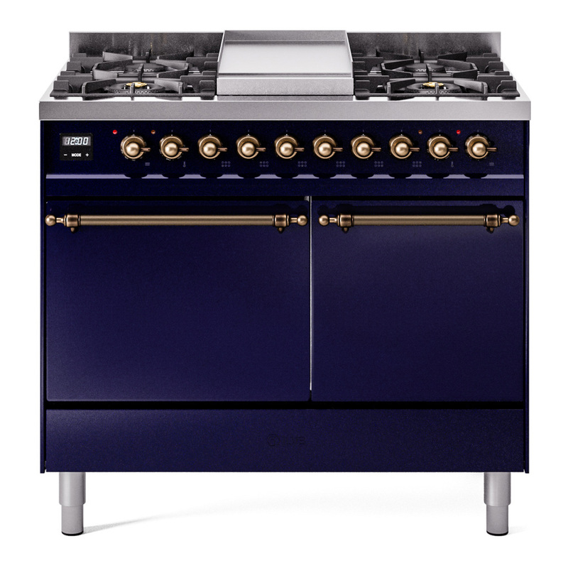 ILVE UPD40FQNMPMBBLP Nostalgie II 40" Dual Fuel Range (Liquid Propane, Solid Door, Midnight Blue, Burnished)