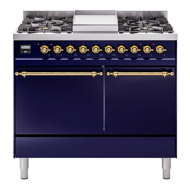 ILVE UPD40FQNMPMBGLP Nostalgie II 40" Dual Fuel Range (Liquid Propane, Solid Door, Midnight Blue, Brass)