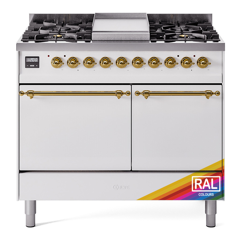 ILVE UPD40FQNMPRAGLP Nostalgie II 40" Dual Fuel Range (Liquid Propane, Solid Door, RAL, Brass)