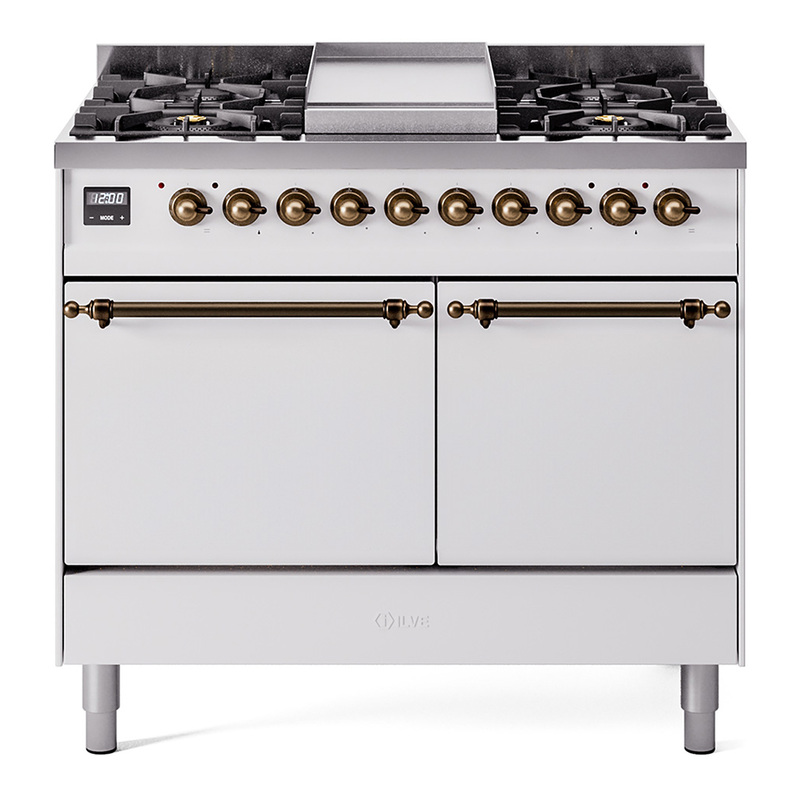 ILVE UPD40FQNMPWHBLP Nostalgie II 40" Dual Fuel Range (Liquid Propane, Solid Door, White, Bronze)