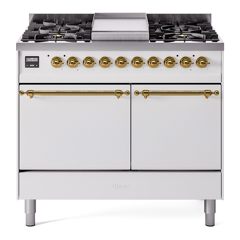 ILVE UPD40FQNMPWHGLP Nostalgie II 40" Dual Fuel Range (Liquid Propane, Solid Door, White, Brass)