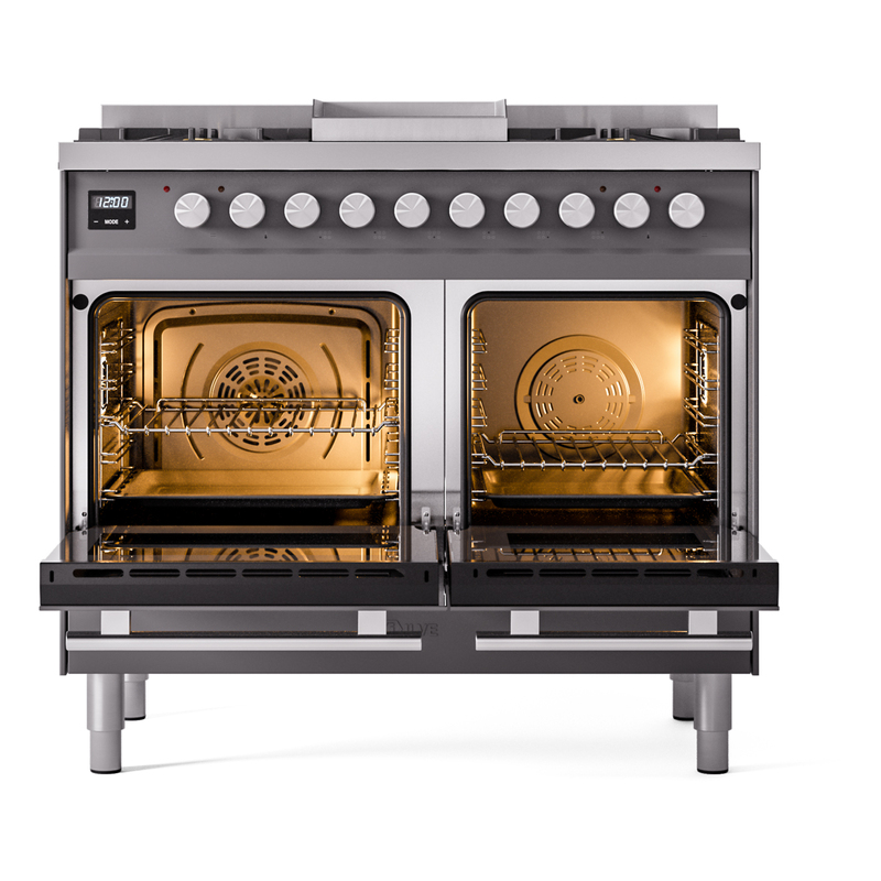 ILVE UPD40FWMPMGLP Professional Plus II 40" Dual Fuel Range, oven doors opened