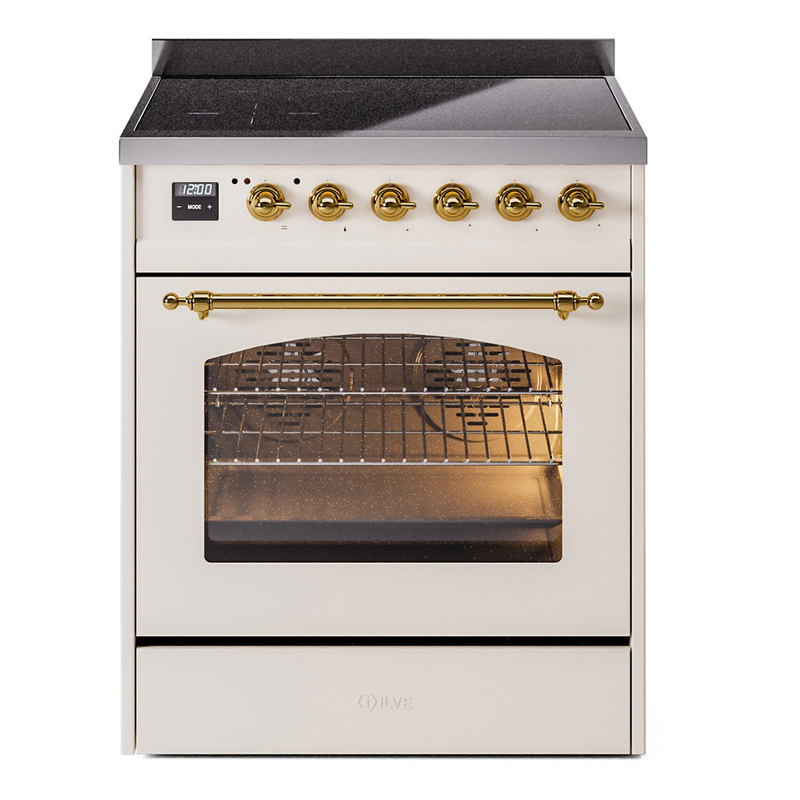 ILVE UPI304NMPAWG Nostalgie II 30" Induction Range (Triple Glass Door, Antique White, Brass)