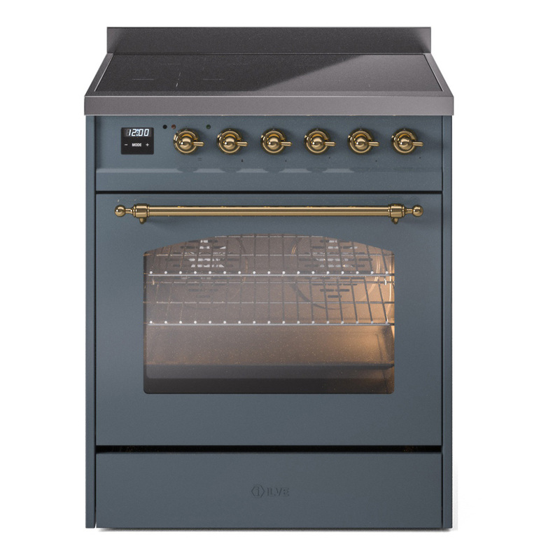 ILVE UPI304NMPBGG Nostalgie II 30" Induction Range (Triple Glass Door, Blue Grey, Brass)