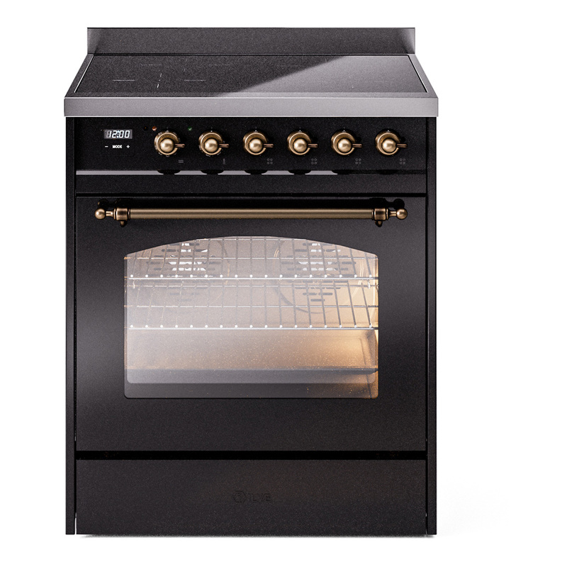 ILVE UPI304NMPBKB Nostalgie II 30" Induction Range (Triple Glass Door, Glossy Black, Bronze)