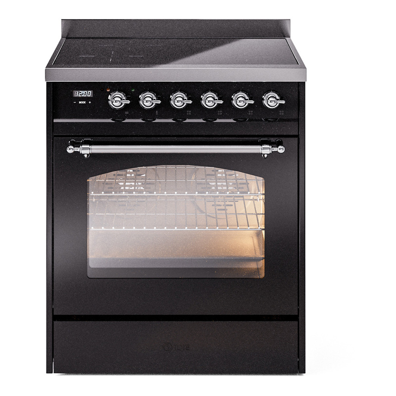 ILVE UPI304NMPBKC Nostalgie II 30" Induction Range (Triple Glass Door, Glossy Black, Chrome)