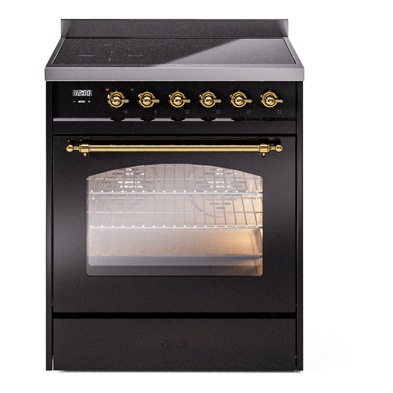 ILVE UPI304NMPBKG Nostalgie II 30" Induction Range (Triple Glass Door, Glossy Black, Brass)