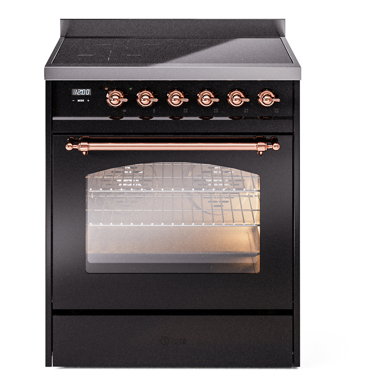 ILVE UPI304NMPBKP Nostalgie II 30" Induction Range (Triple Glass Door, Glossy Black, Copper)