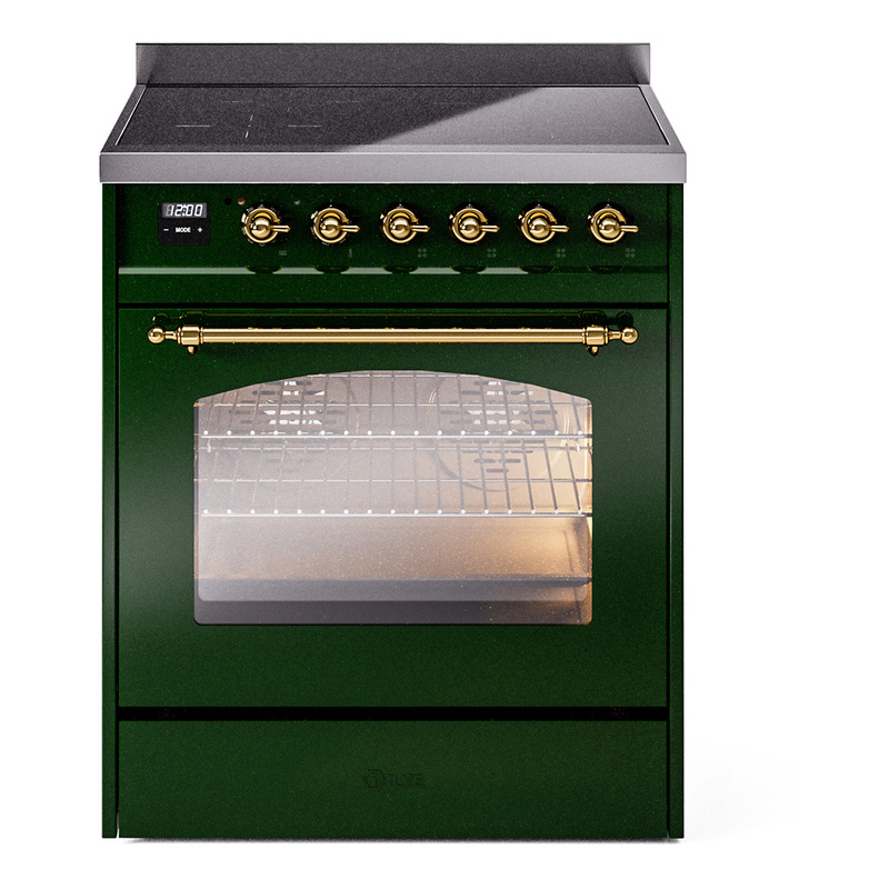 ILVE UPI304NMPEGG Nostalgie II 30" Induction Range (Triple Glass Door, Emerald Green, Brass)