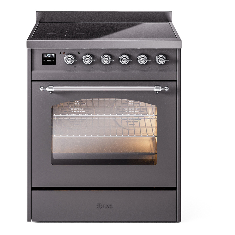 ILVE UPI304NMPMGC Nostalgie II 30" Induction Range (Triple Glass Door, Graphite Matte, Chrome)