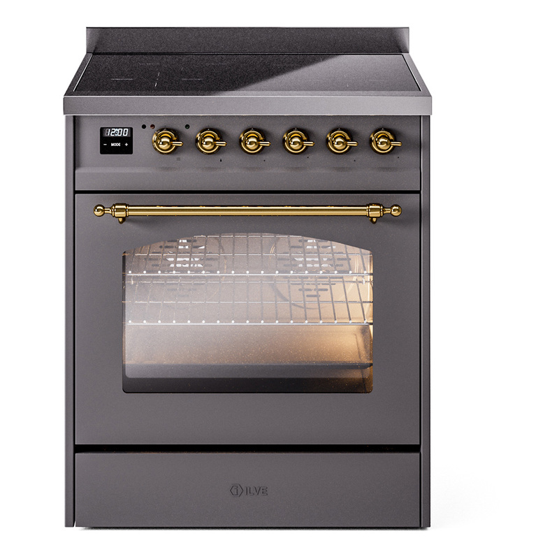 ILVE UPI304NMPMGG Nostalgie II 30" Induction Range (Triple Glass Door, Graphite Matte, Brass)