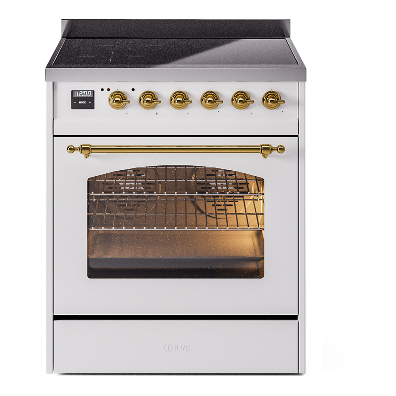 ILVE UPI304NMPWHG Nostalgie II 30" Induction Range (Triple Glass Door, White, Brass)