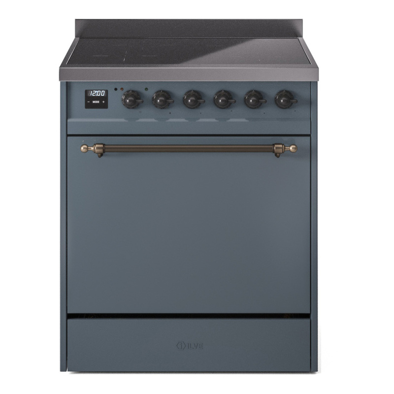 ILVE UPI304QNMPBGB Nostalgie II 30" Induction Range (Solid Door, Blue Grey, Burnished)