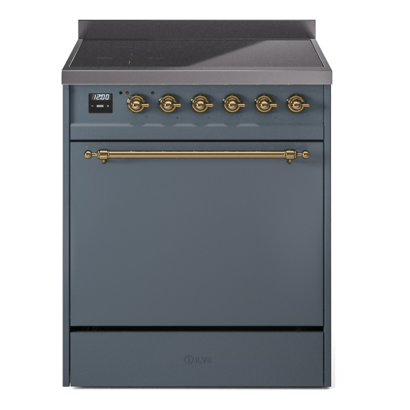 ILVE UPI304QNMPBGG Nostalgie II 30" Induction Range (Solid Door, Blue Grey, Brass)