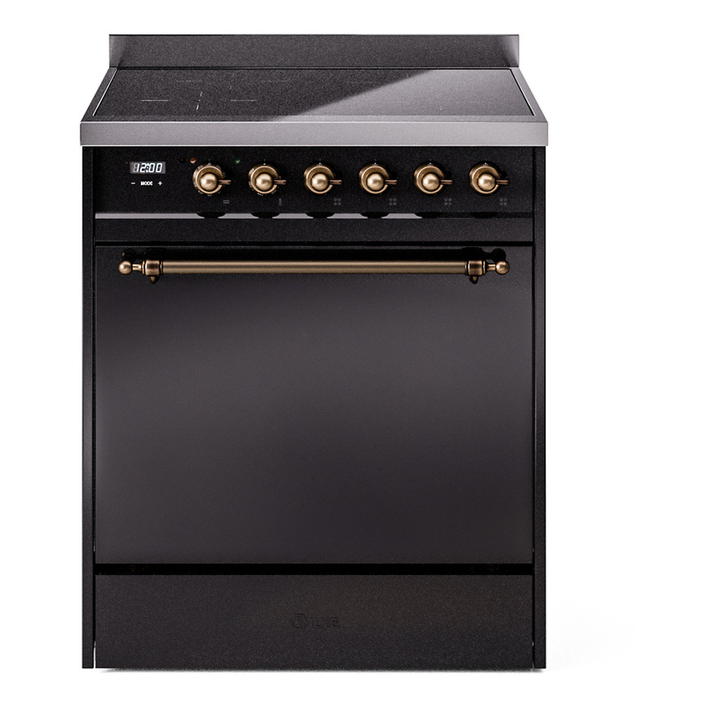 ILVE UPI304QNMPBKB Nostalgie II 30" Induction Range (Solid Door, Glossy Black, Bronze)