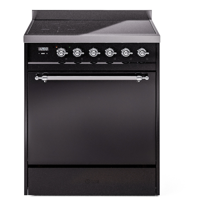 ILVE UPI304QNMPBKC Nostalgie II 30" Induction Range (Solid Door, Glossy Black, Chrome)