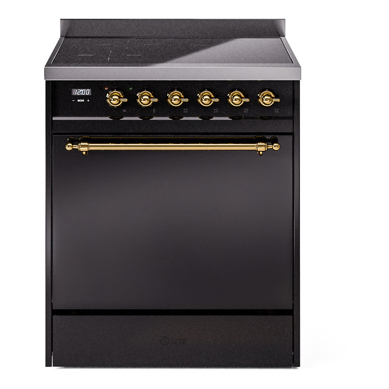 ILVE UPI304QNMPBKG Nostalgie II 30" Induction Range (Solid Door, Glossy Black, Brass)