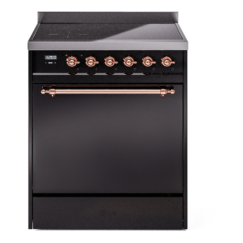 ILVE UPI304QNMPBKP Nostalgie II 30" Induction Range (Solid Door, Glossy Black, Copper)