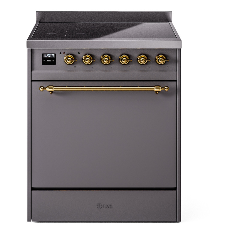 ILVE UPI304QNMPMGG Nostalgie II 30" Induction Range (Solid Door, Graphite Matte, Brass)