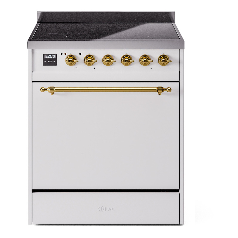 ILVE UPI304QNMPWHG Nostalgie II 30" Induction Range (Solid Door, White, Brass)