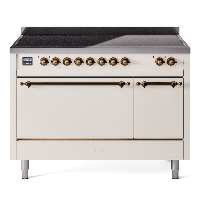 ILVE UPI486QNMPAWB Nostalgie II 48" Induction Range  (Solid Door, Antique White, Burnished)