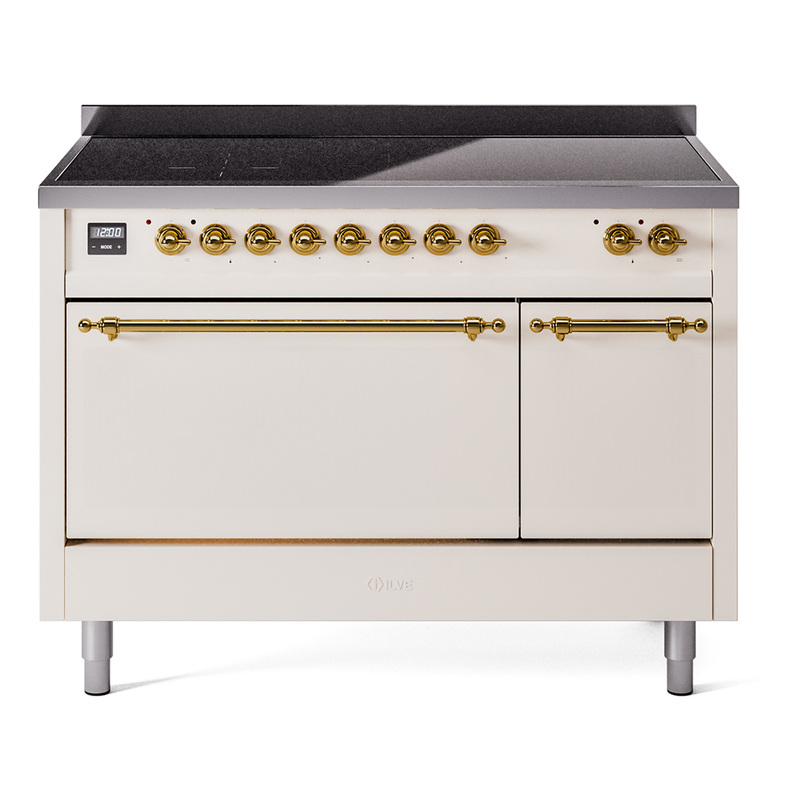 ILVE UPI486QNMPAWG Nostalgie II 48" Induction Range  (Solid Door, Antique White, Brass)