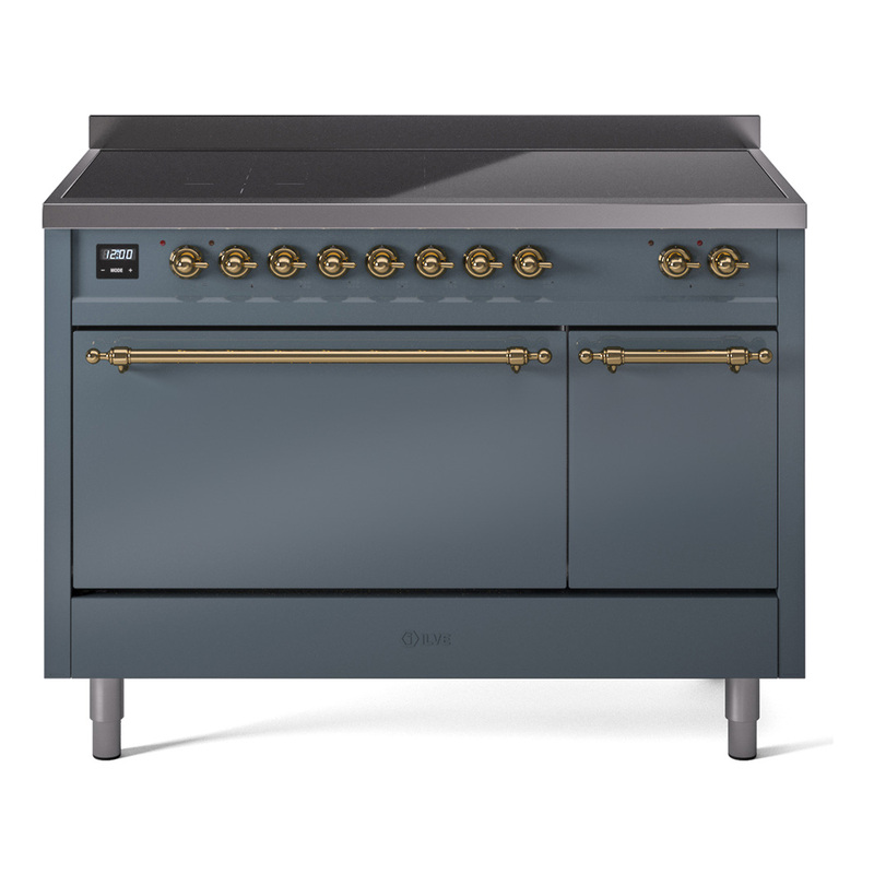 ILVE UPI486QNMPBGG Nostalgie II 48" Induction Range  (Solid Door, Blue Grey, Brass)