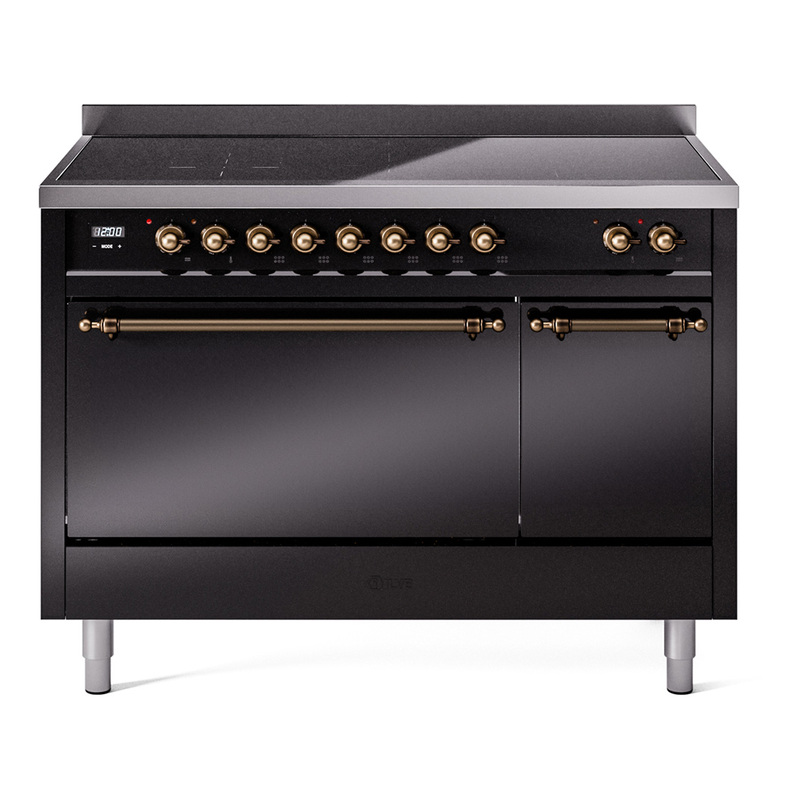 ILVE UPI486QNMPBKB Nostalgie II 48" Induction Range  (Solid Door, Glossy Black, Burnished)