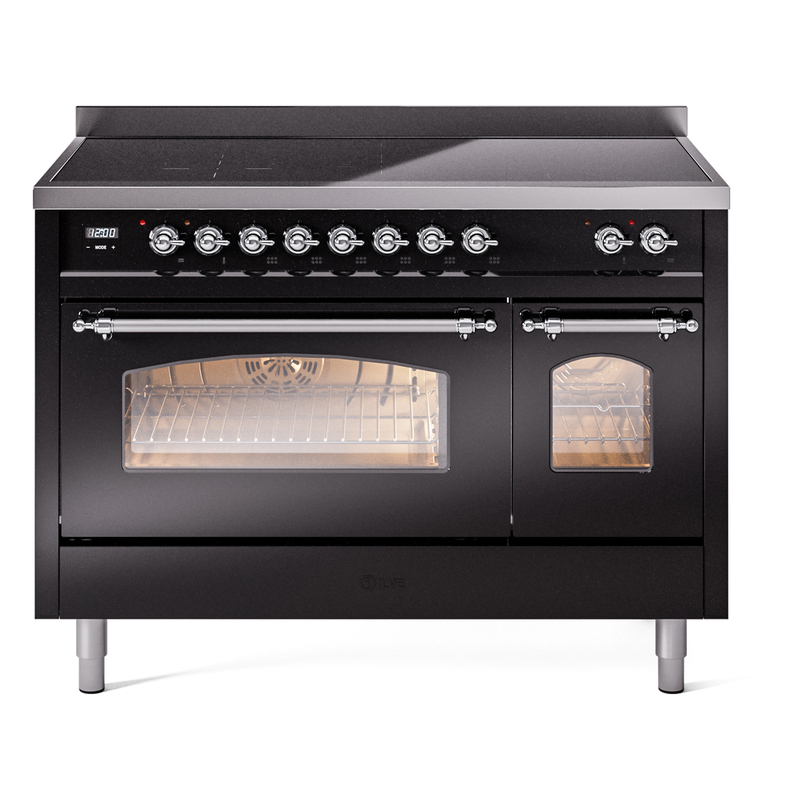 ILVE UPI486QNMPBKC Nostalgie II 48" Induction Range  (Solid Door, Glossy Black, Chrome)