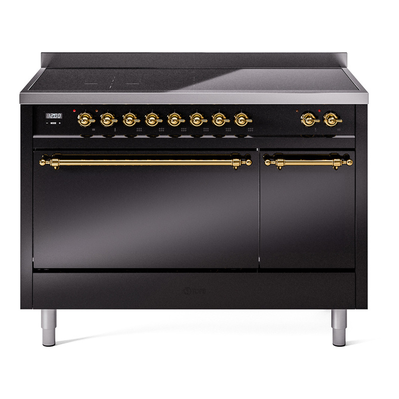 ILVE UPI486QNMPBKG Nostalgie II 48" Induction Range  (Solid Door, Glossy Black, Brass)