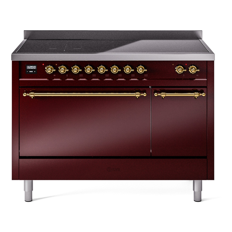 ILVE UPI486QNMPBUG Nostalgie II 48" Induction Range  (Solid Door, Burgundy, Brass)