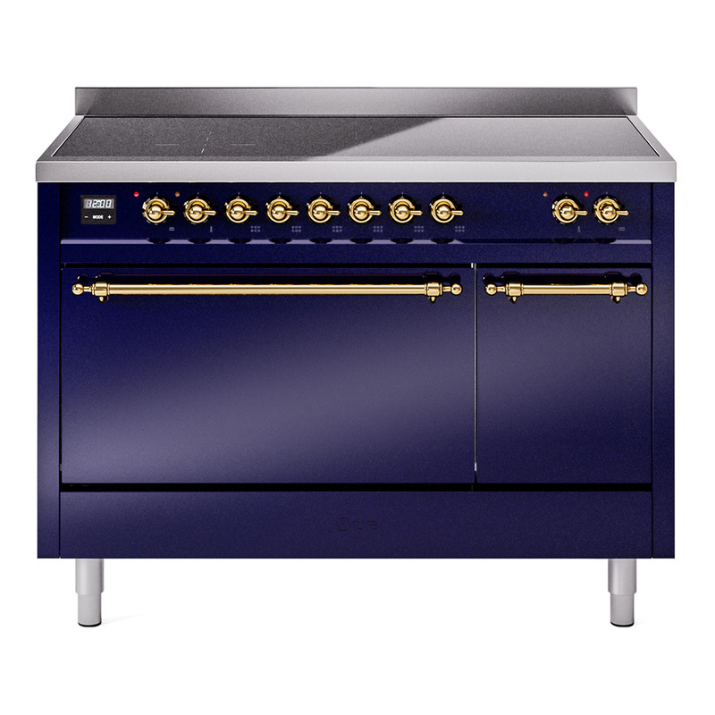 ILVE UPI486QNMPMBG Nostalgie II 48" Induction Range  (Solid Door, Midnight Blue, Brass)