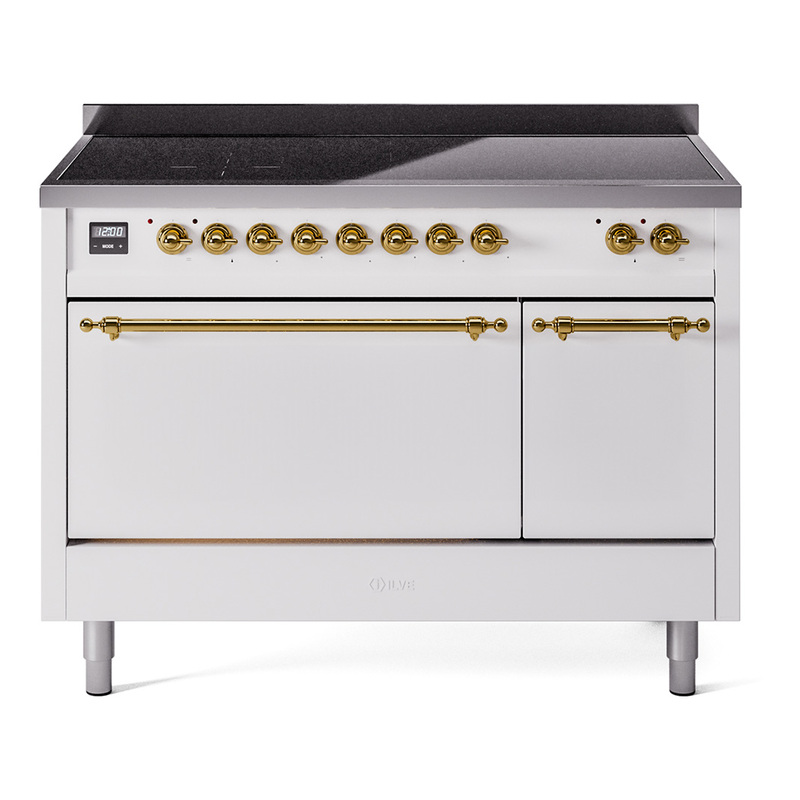 ILVE UPI486QNMPWHG Nostalgie II 48" Induction Range  (Solid Door, White, Brass)