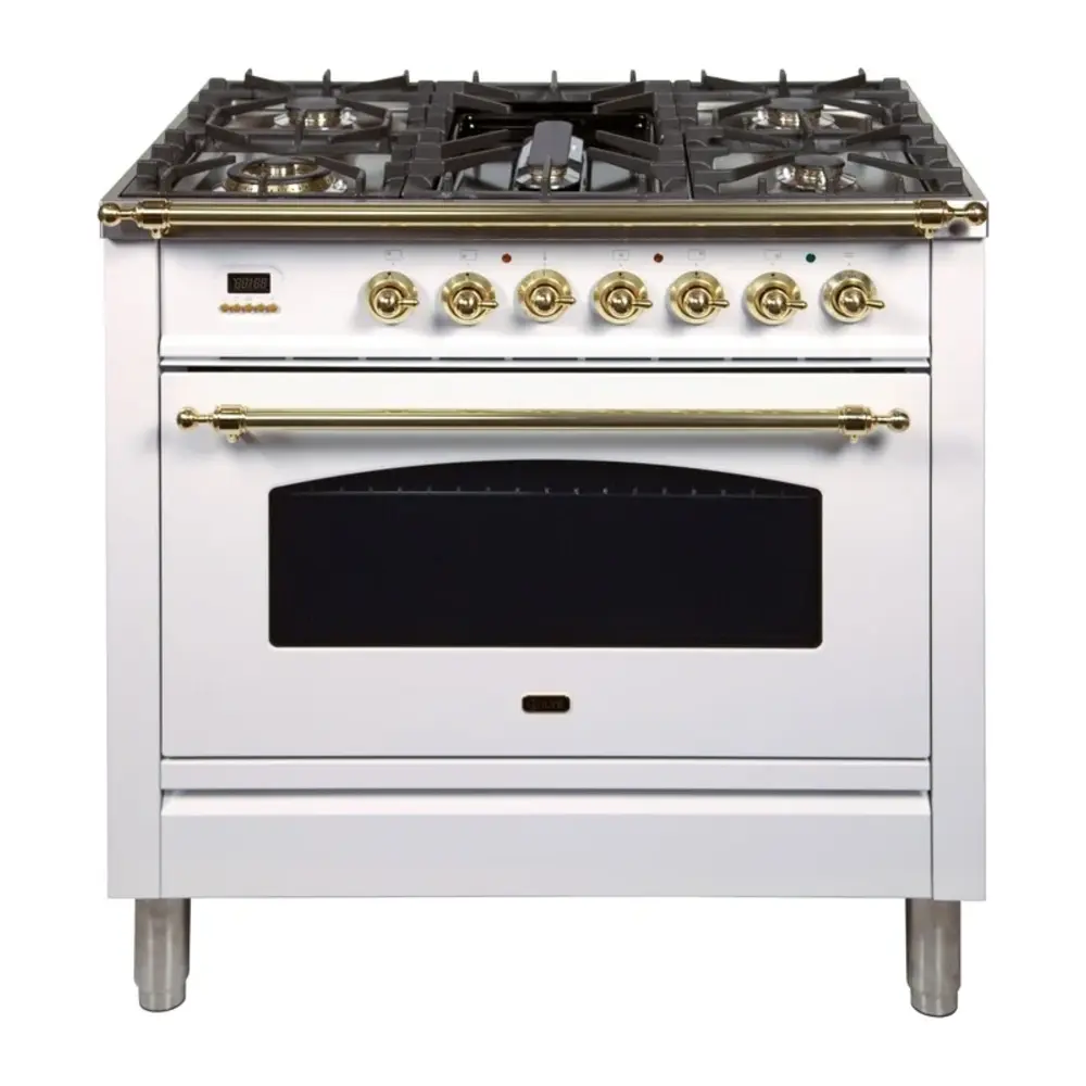 ILVE UPN90FDMPGULP Nostalgie I 36" Dual Fuel Range (DISCONTINUED) (Liquid Propane, Blue Grey, Brass)