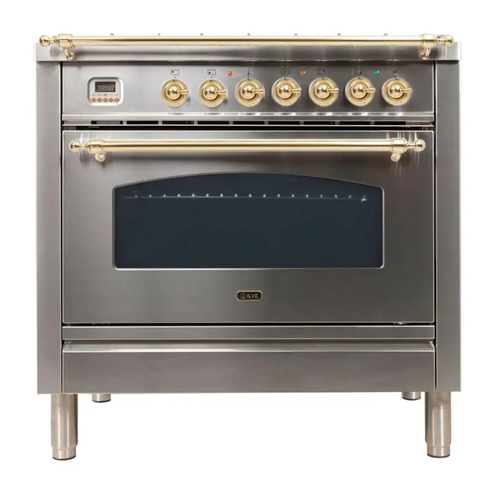 ILVE UPN90FDMPILP Nostalgie I 36" Dual Fuel Range (DISCONTINUED) (Liquid Propane, Stainless Steel, Brass)