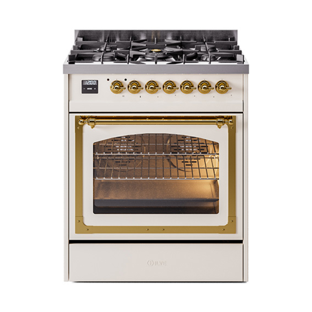 ILVE UN30NMPAWGLP Nostalgie II Noblesse 30" Dual Fuel Range  (Liquid Propane, Triple Glass Door, Antique White, Brass)