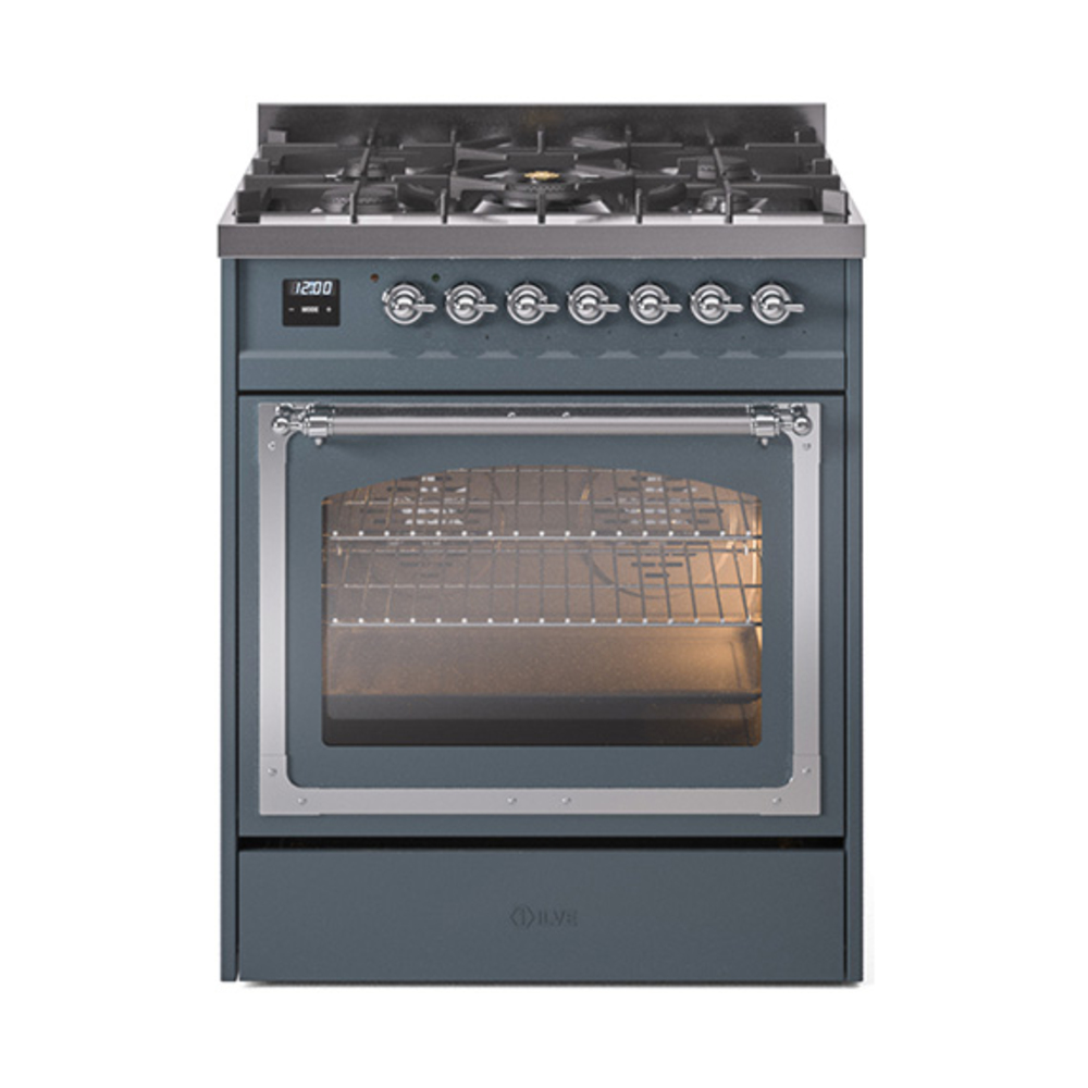 ILVE UN30NMPBGCLP Nostalgie II Noblesse 30" Dual Fuel Range  (Liquid Propane, Triple Glass Door, Blue Grey, Chrome)