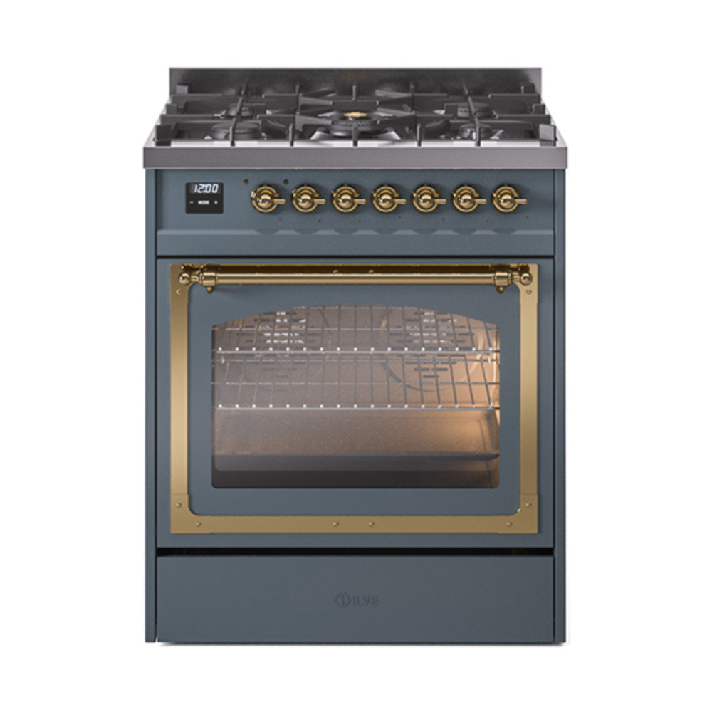 ILVE UN30NMPBGGLP Nostalgie II Noblesse 30" Dual Fuel Range  (Liquid Propane, Triple Glass Door, Blue Grey, Brass)