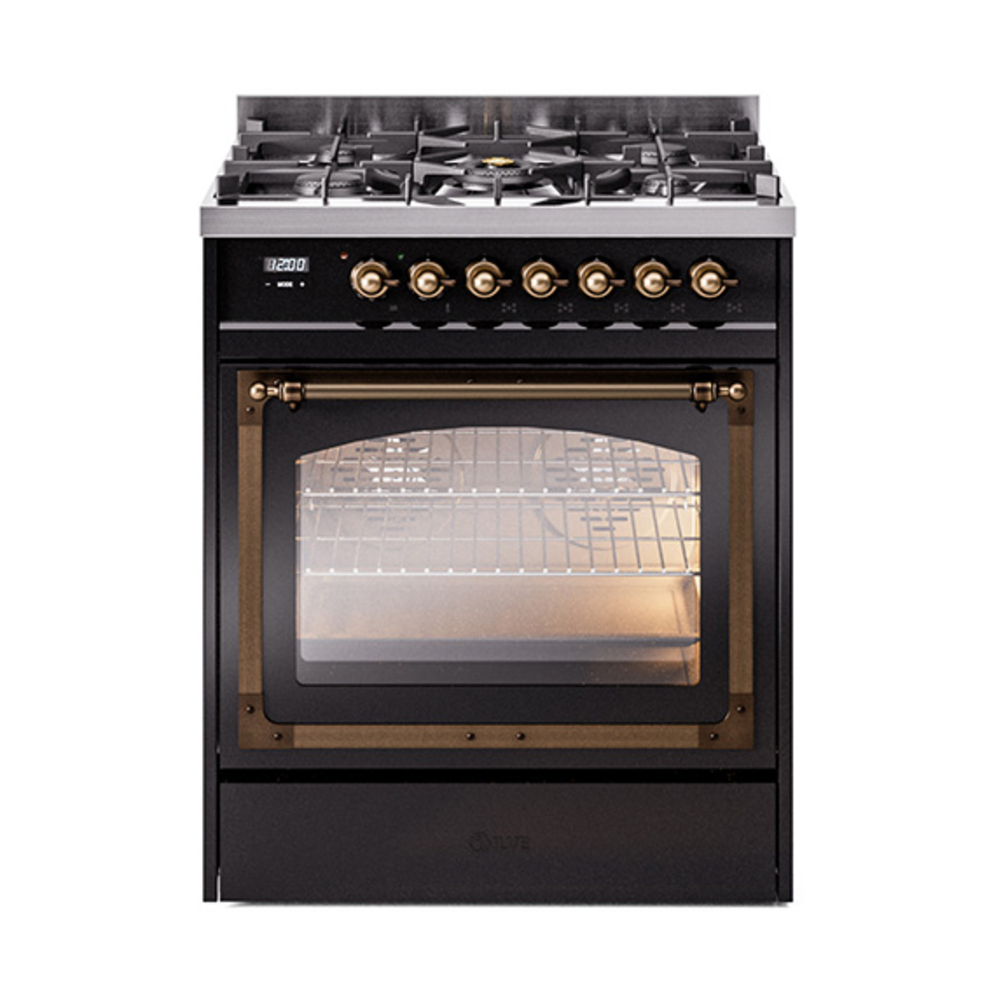 ILVE UN30NMPBKBLP Nostalgie II Noblesse 30" Dual Fuel Range  (Liquid Propane, Triple Glass Door, Glossy Black, Burnished)