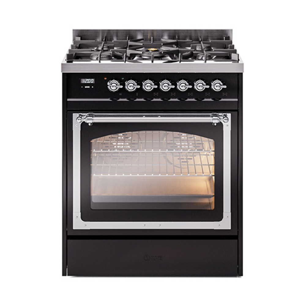 ILVE UN30NMPBKCLP Nostalgie II Noblesse 30" Dual Fuel Range  (Liquid Propane, Triple Glass Door, Glossy Black, Chrome)