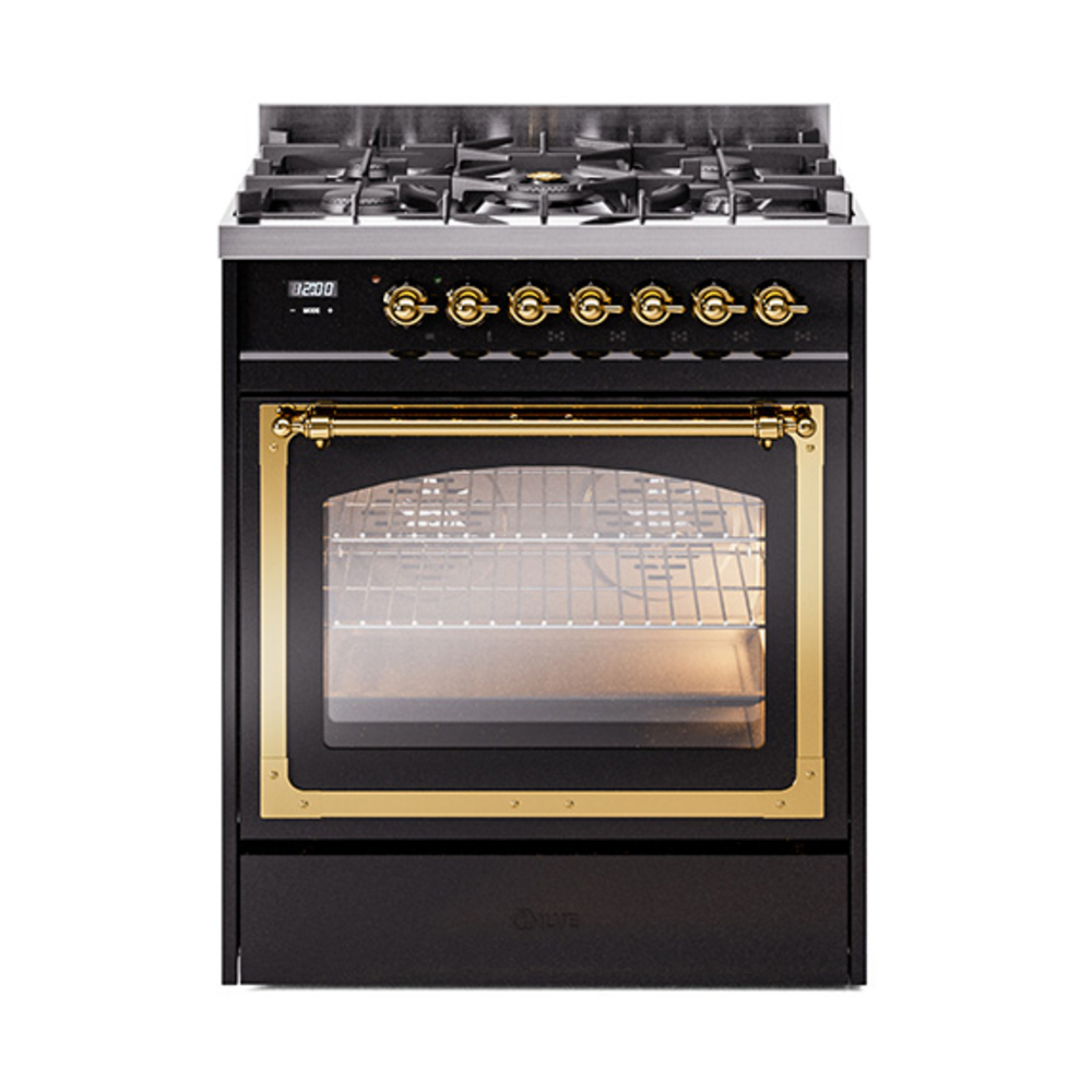 ILVE UN30NMPBKGLP Nostalgie II Noblesse 30" Dual Fuel Range  (Liquid Propane, Triple Glass Door, Glossy Black, Brass)