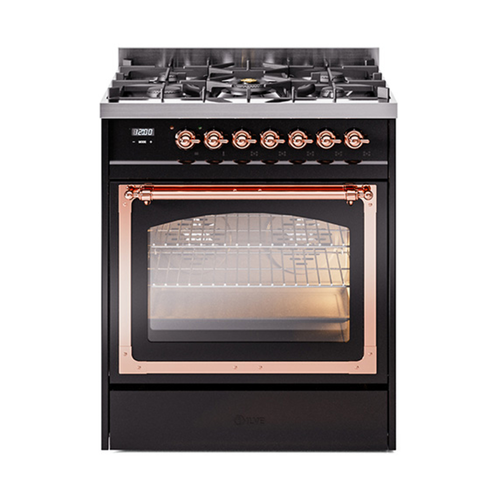 ILVE UN30NMPBKPLP Nostalgie II Noblesse 30" Dual Fuel Range  (Liquid Propane, Triple Glass Door, Glossy Black, Copper)