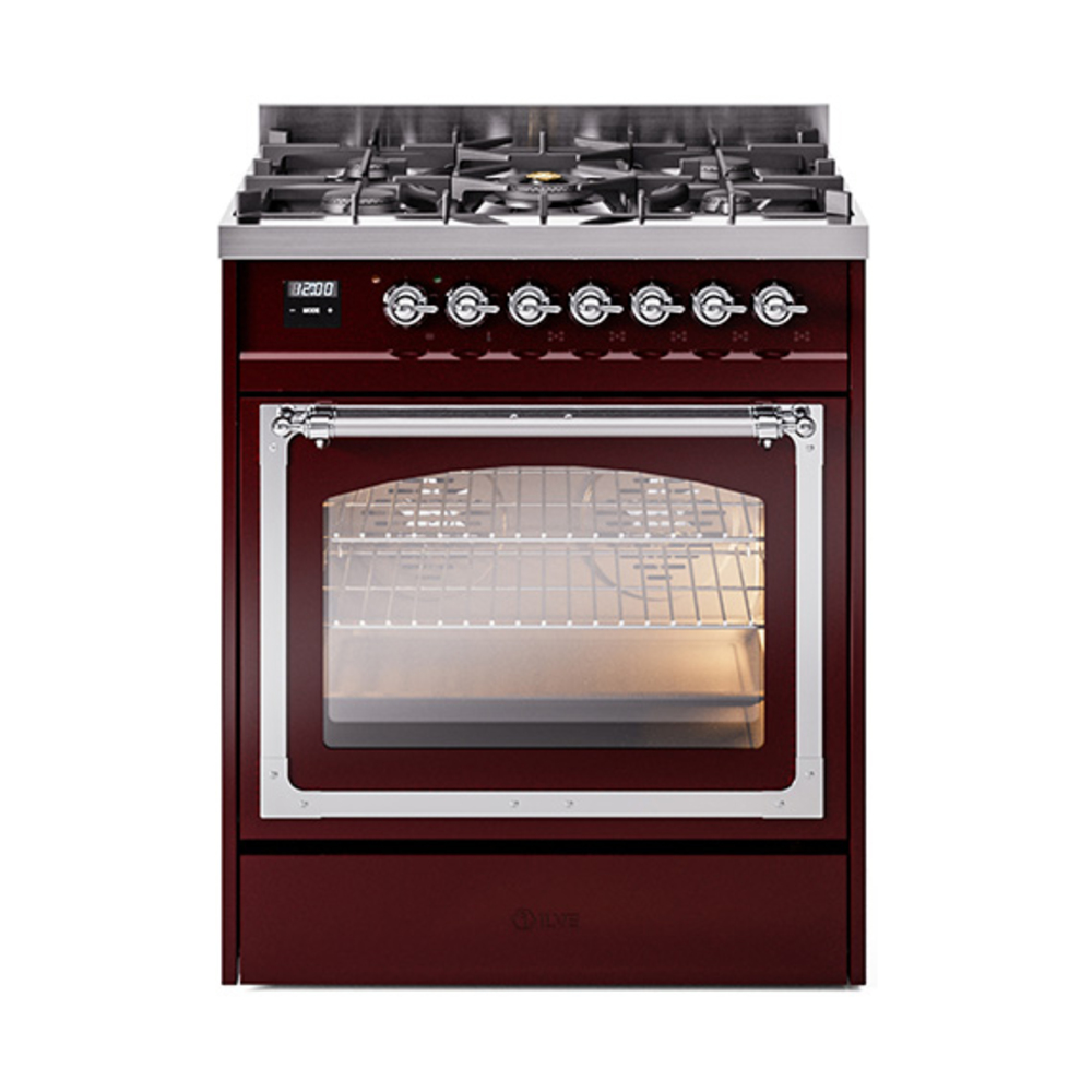 ILVE UN30NMPBUCLP Nostalgie II Noblesse 30" Dual Fuel Range  (Liquid Propane, Triple Glass Door, Burgundy, Chrome)