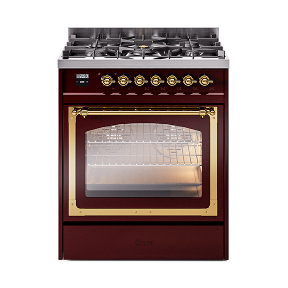 ILVE UN30NMPBUGLP Nostalgie II Noblesse 30" Dual Fuel Range  (Liquid Propane, Triple Glass Door, Burgundy, Brass)